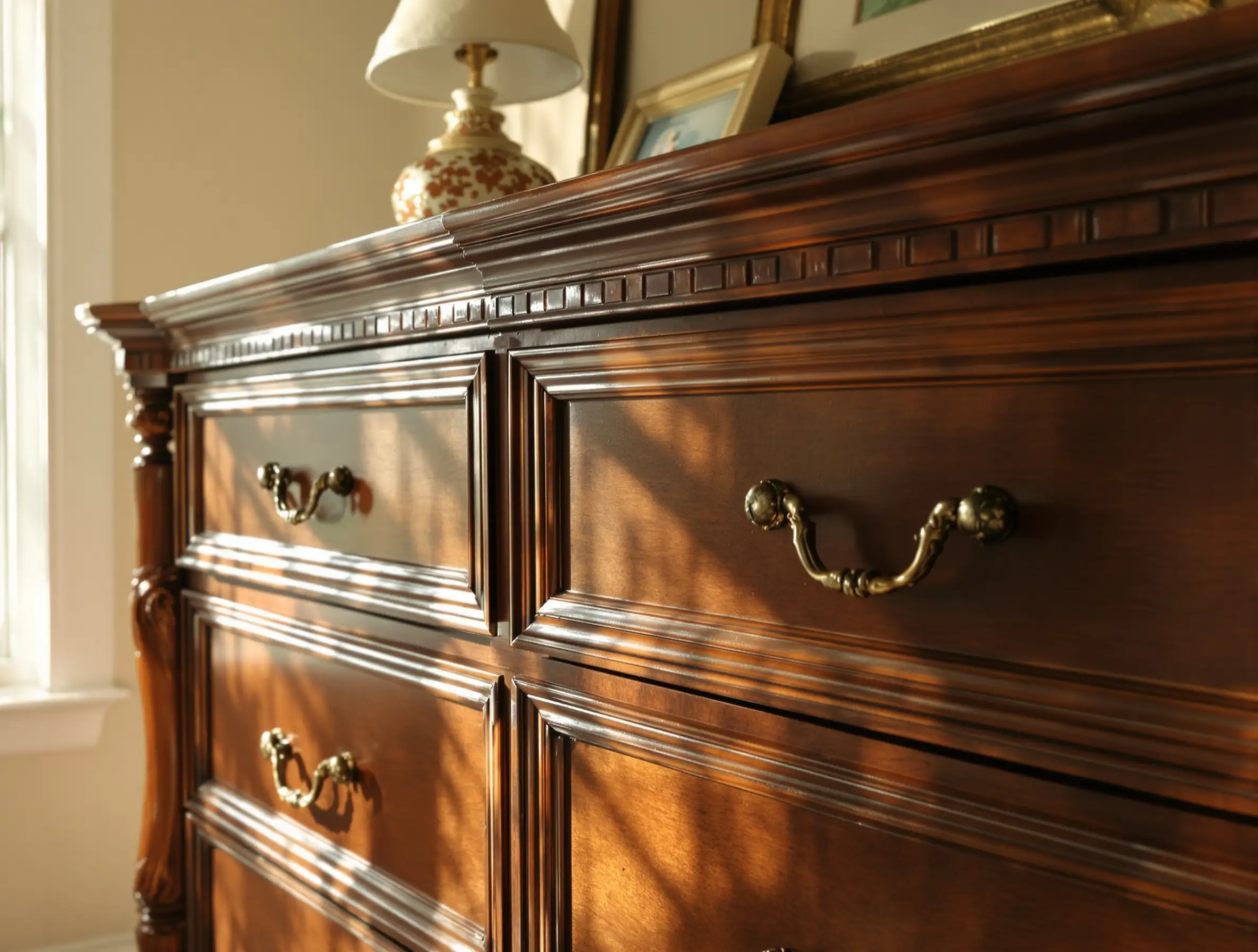 Vintage walnut dresser with brass handles ready for cash appraisal in West Central Florida home