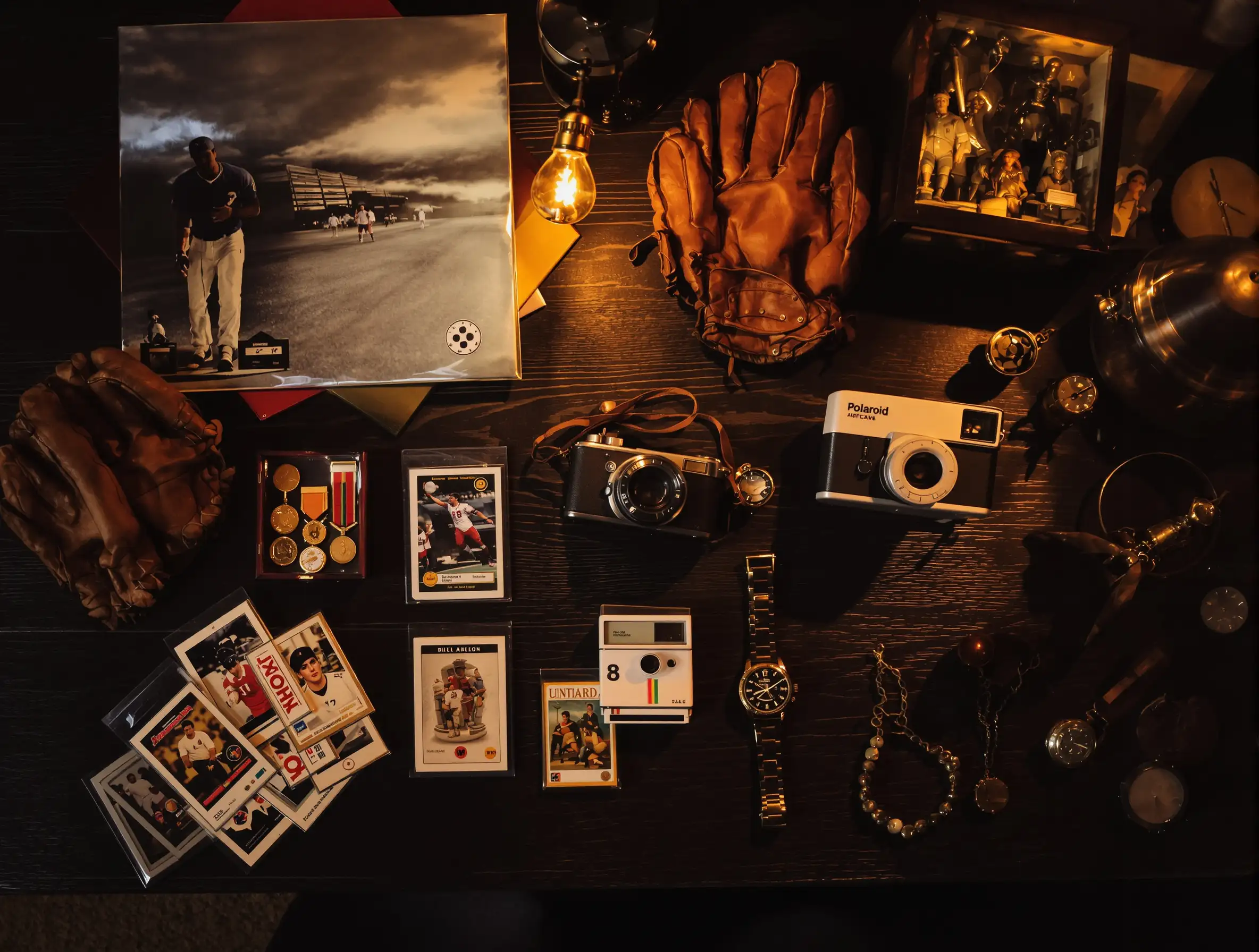 Sports memorabilia, vintage cameras, trading cards, and collectibles from estate sale near The Villages