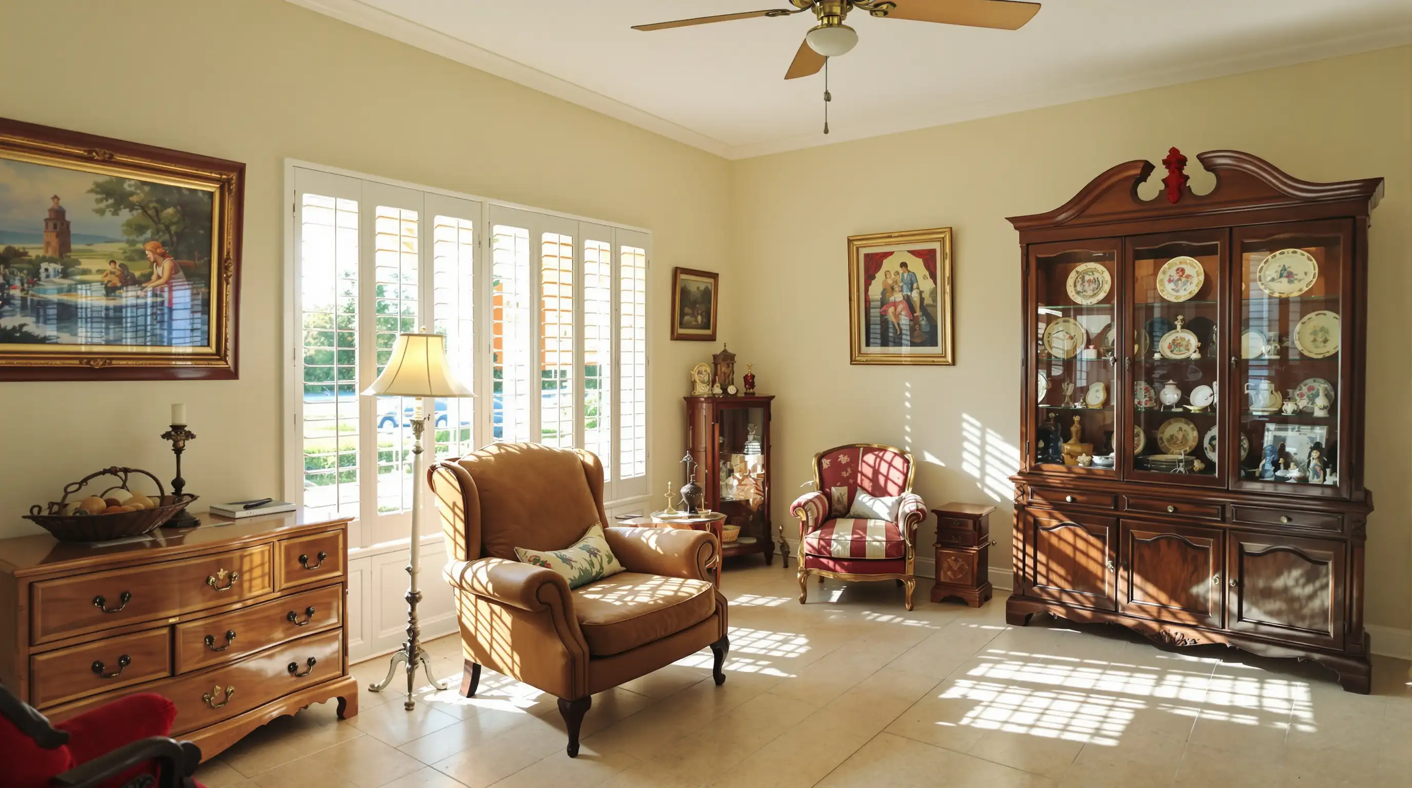 Quality estate furniture including armchair, vintage dresser, and china cabinet in sunlit Florida home
