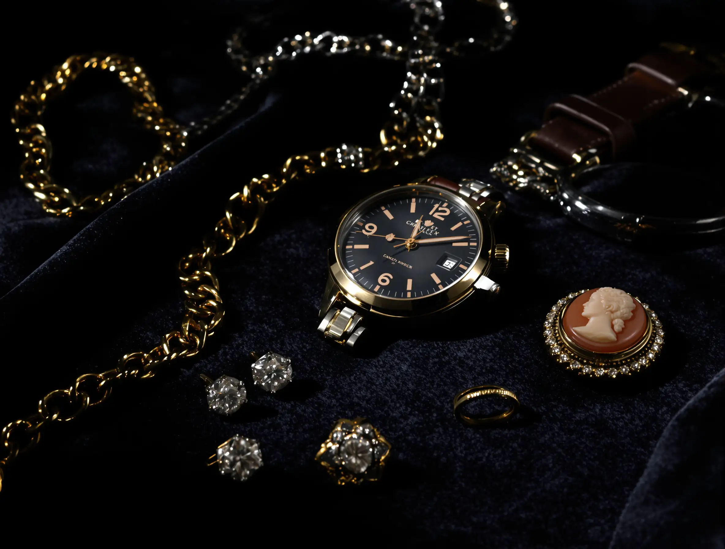 Gold jewelry, vintage watch, diamond earrings, and cameo brooch from estate appraisal in West Central Florida